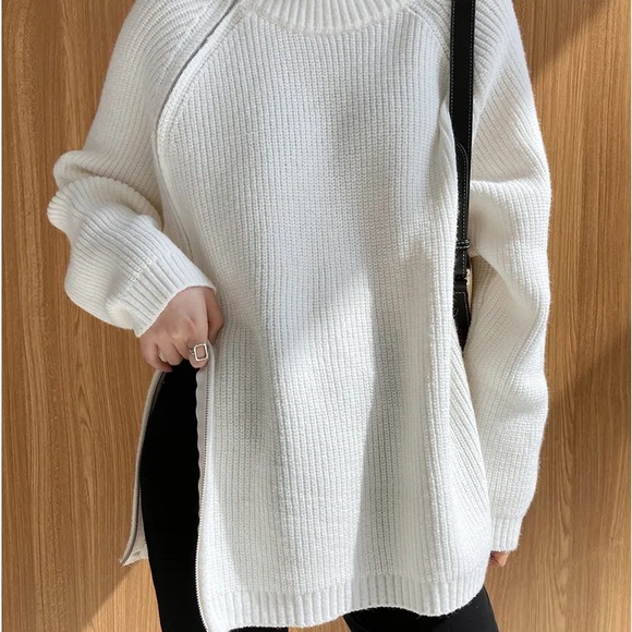 GORGEOUS Chunky Rib Side Zipper Mock Turtleneck Warm Pullover Cream Sweater - Picture 2 of 8